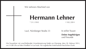 Traueranzeige von Hermann Lehner von Pegnitz-Zeitung